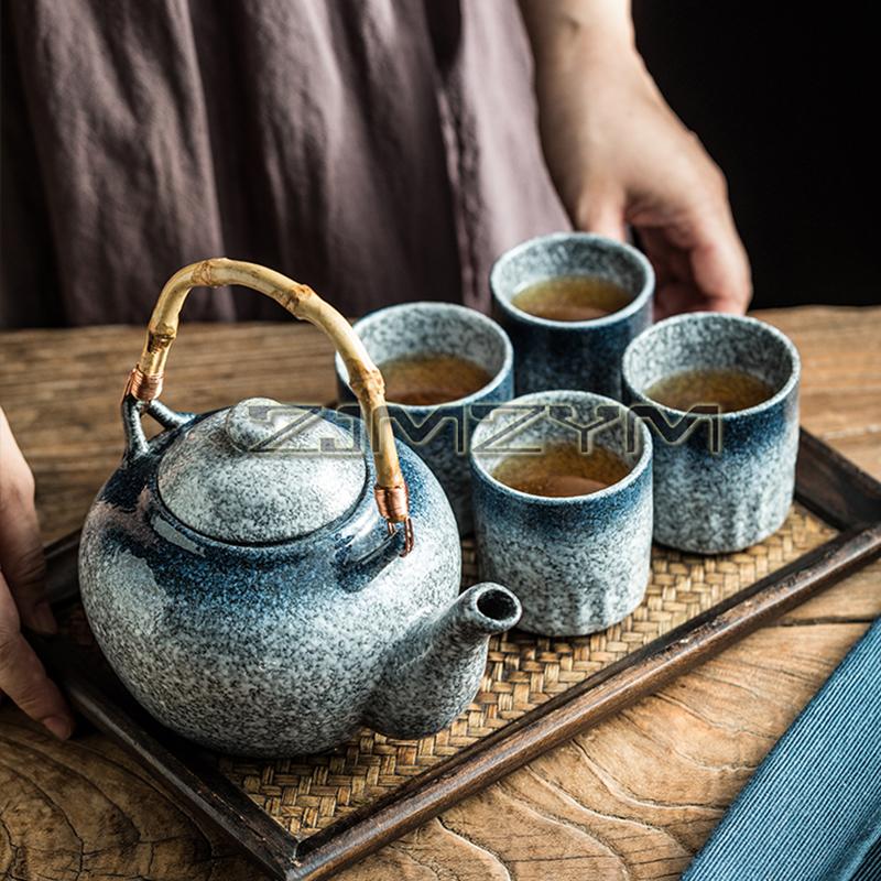 Japanese Style Tea Set Teapot Ceramic Household Tea Maker Drinking Tea Cup Single Pot Creative Bamboo Handle Teapot Set