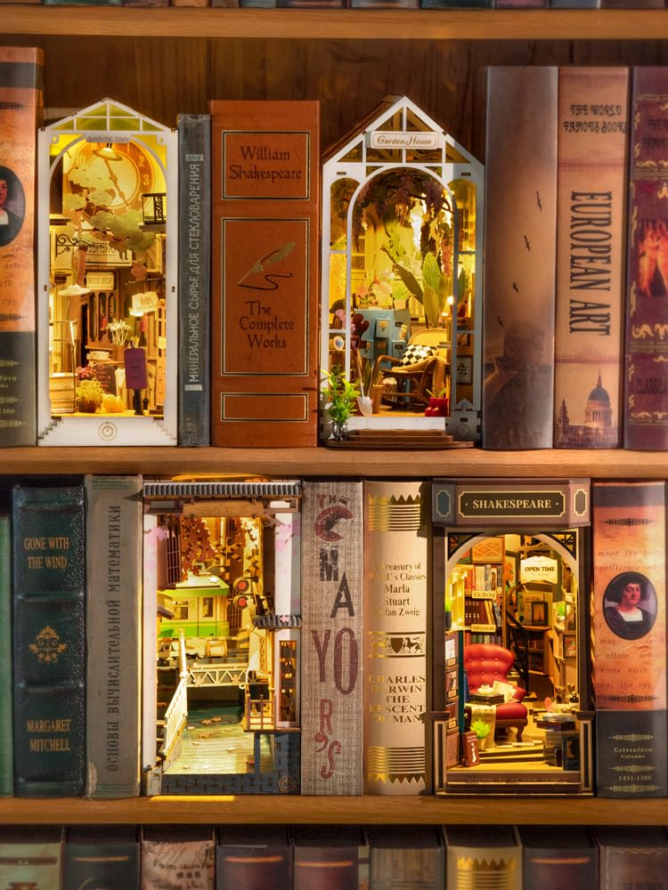 Rolife 3D Puzzle Book Nook 194 DIY Kit with Illustrated Wooden Miniature Bookstand with LED Bookshelf Assembly Officially For Adults and Birthday Gift