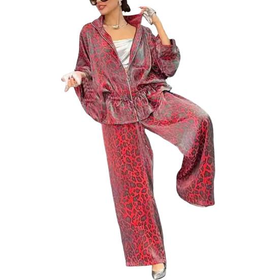 Комплект из 2 предметов: женская рубашка и брюки, леопардовый принт, застежка-молния, длинный рукав, плиссированный топ, свободные широкие брюки, рабочая одежда для поездок на работу