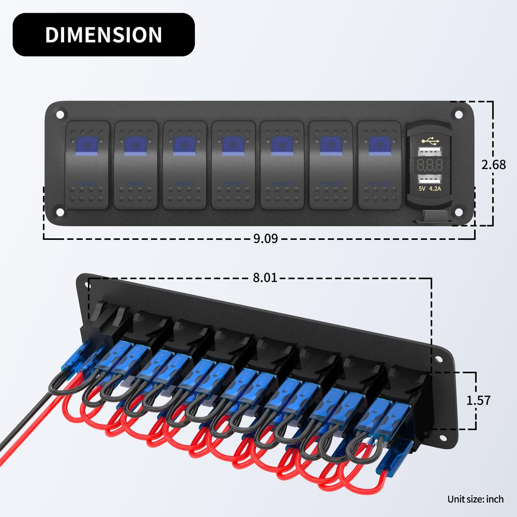 Панель переключателей DaierTek 7 Gang Rocker Switch Panel Marine Boat Switch Panel Waterproof с зарядным устройством USB и вольтметром для вертикального грузовика UTV