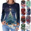 Women's Fashionable Casual Christmas Printed Pleated Comfortable Round Neck Loose Long Sleeve T-Shirt Top
