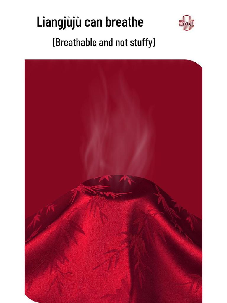 Predestined Match: Bamboo Leaf Jacquard Ice Silk Pajama Set In Festive Red - Autumn/Winter Collection