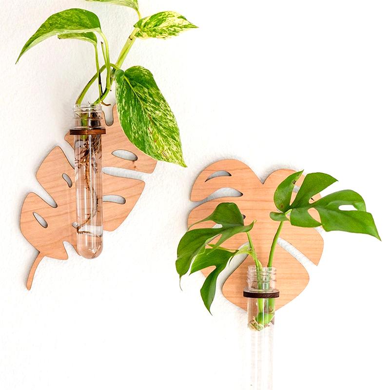 1PC Wall Planters Home Decor Wooden Bohemian Plant Hangers Wall-Mounted Plastic Tube Leaf Shape Hanging Shelf