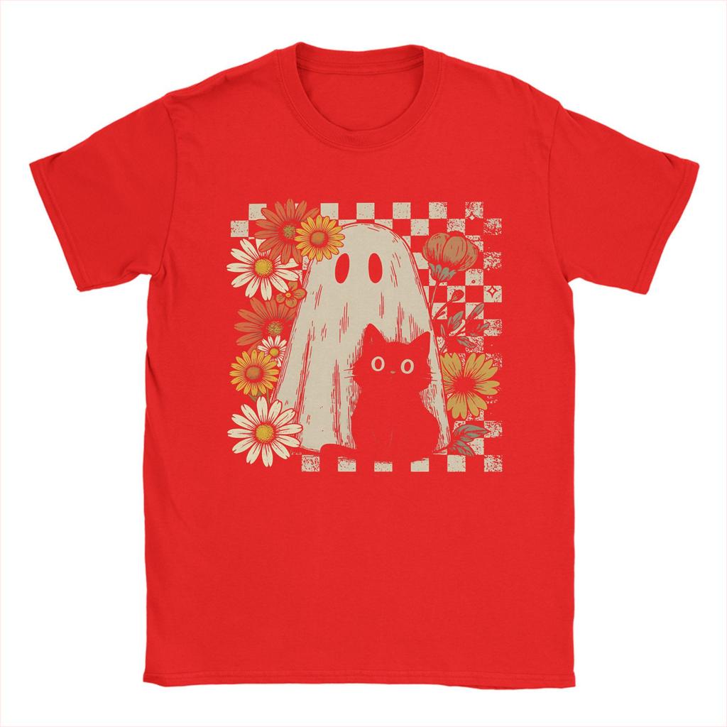 Boho Floral Fall Ghost Cat Halloween T Shirt Summer Hippie T-Shirts Mens Cotton O Neck Oversize Tees Short Sleeves Tshirt
