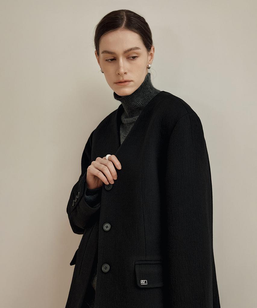 ZEROSTREET Collarless Wool Half Coat / Black