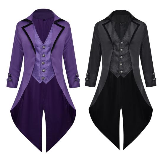 Men Tuxedo Gothic Style Slim Fit Tuxedo Jacket Lapel Long-Sleeved Suit Coat Retro Design Punk Mid-length Overcoat