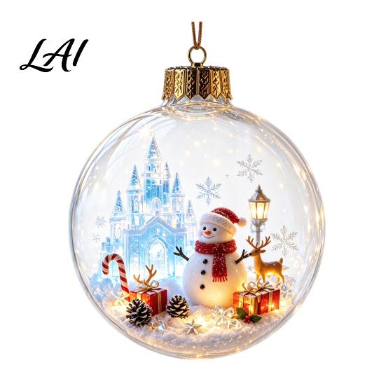 Hanging Holiday Decor Glowing Christmas Ball Ornaments Light-Up with Mini Scene Acrylic Clear Indoor Ornaments Tree Warm LED Light for Home Window