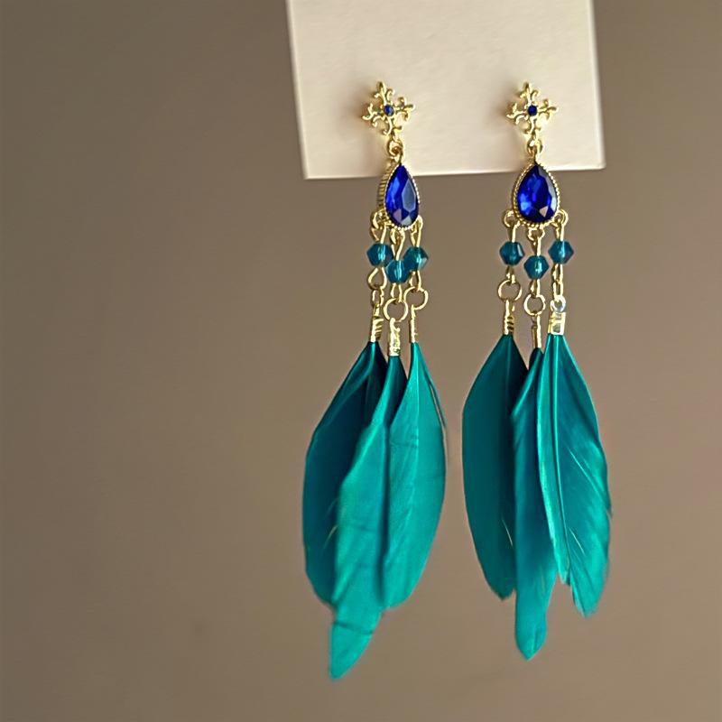 Серьги-кисточки в виде перьев с бриллиантами в стиле бохо-серебряной иглы, ретро-дизайн в стиле павлиньего зеленого цвета, стиль Niche