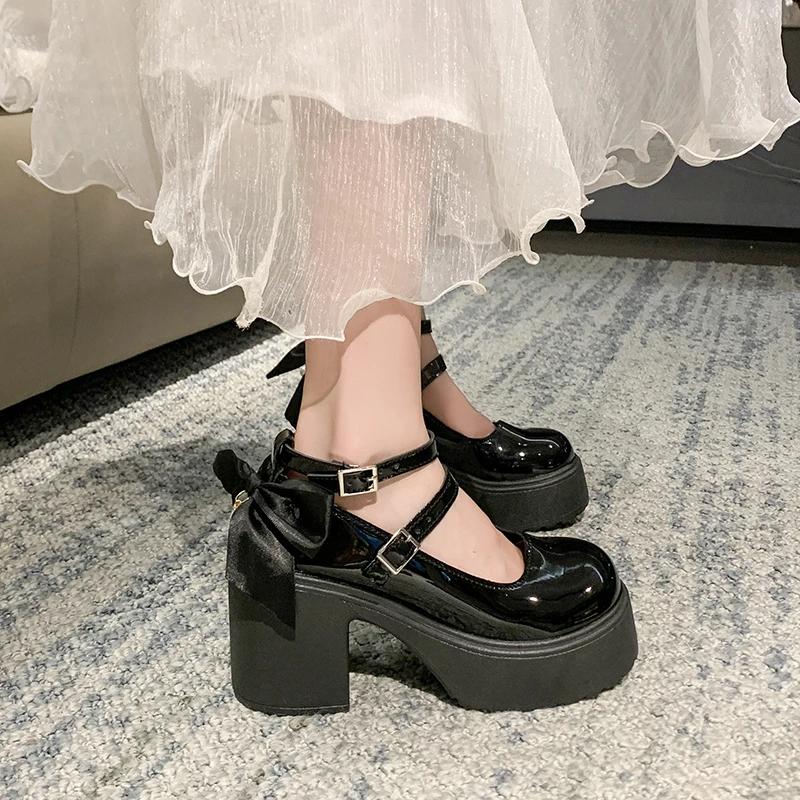 Модные женские туфли Мэри Джейн на толстой подошве, модные лакированные туфли с ремешком на щиколотке и высоким каблуком, женские туфли с бантом, модные и универсальные