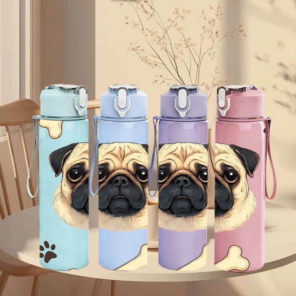 1PC Pug Dog Paw Bone Repeat Background 750ml Color Plastic Sports Water Bottle Leakproof Flip Straw Lid Suitable for Sports Office Home Use