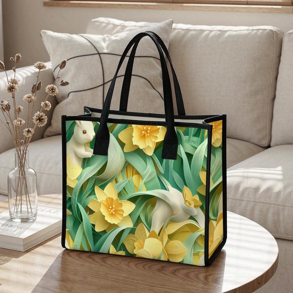 Spring Rabbit Floral Canvas Tote Bag Casual Large Capacity Shoulder Handbag for Daily Use