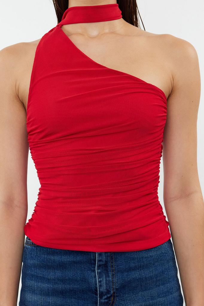 Women's Style Blouse Red Halter Neck Gathered Lined Stretchy Knitted Blouse