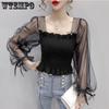Mesh Puff Sleeve Elastic Waist Women Blouse Square Neck Cropped Top Black White Sweet Fairy Style Lace Up Bow Spring Summer