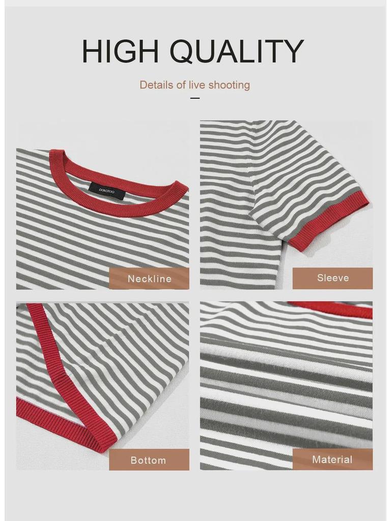2025 Полосатый контрастный вязаный свитер: Европейский/американский стиль, спущенное плечо, короткий рукав