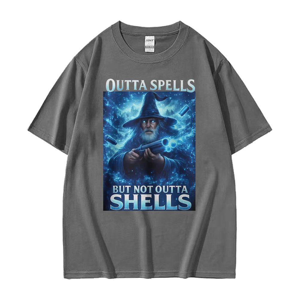 Outta Spells But Not Outta Shells Ironic Wizard Funny Fantasy Meme T Shirts Men Women Summer Tops Casual 100 Cotton Streetwear