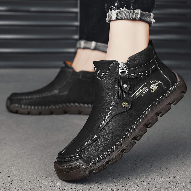 Stylish Men Winter Plush Snow Boots Side Zipper Men Low Top Casual Shoes Leather Male Motorcycle Boots Travel Men's Ankle Boots