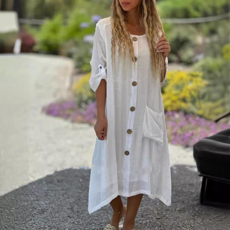 Женское повседневное свободное хлопковое льняное платье с карманом, рукавом 7 дюймов, на пуговицах, длинное платье для женщин, повседневные платья