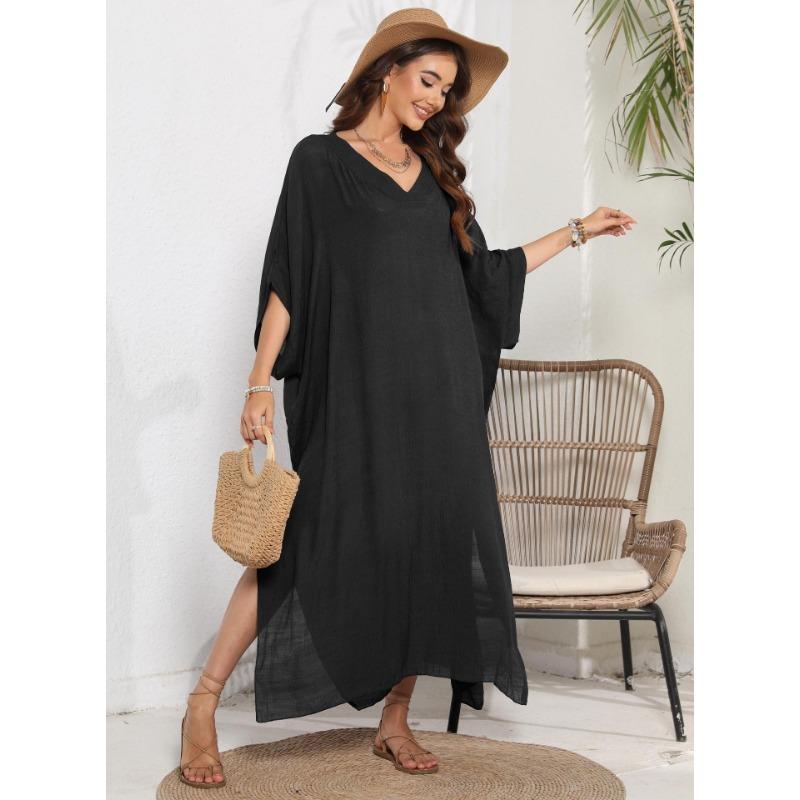Женское свободное повседневное платье с V-образным вырезом, разрезом и юбкой длиной до пола