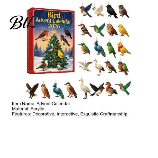 Bird Themed Christmas Gifts 24 Day Advent Calendar with 2D Flat Acrylic Hanging Pendants, Craft Ornaments Countdown Calendar, Ornament for Holiday