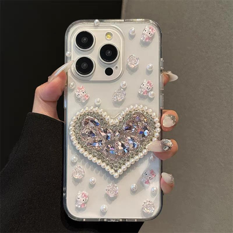 Diamond Love Pearl Cartoon KT Rose Phone Case for IPhone 15 Promax Transparent for Apple 16 Women