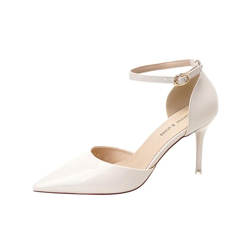 Новые модные туфли на высоком каблуке для женщин из лакированной кожи с острым носком и ремнем на щиколотке, женские туфли-лодочки, весенние туфли-лодочки телесного и черного цвета Talon Femme