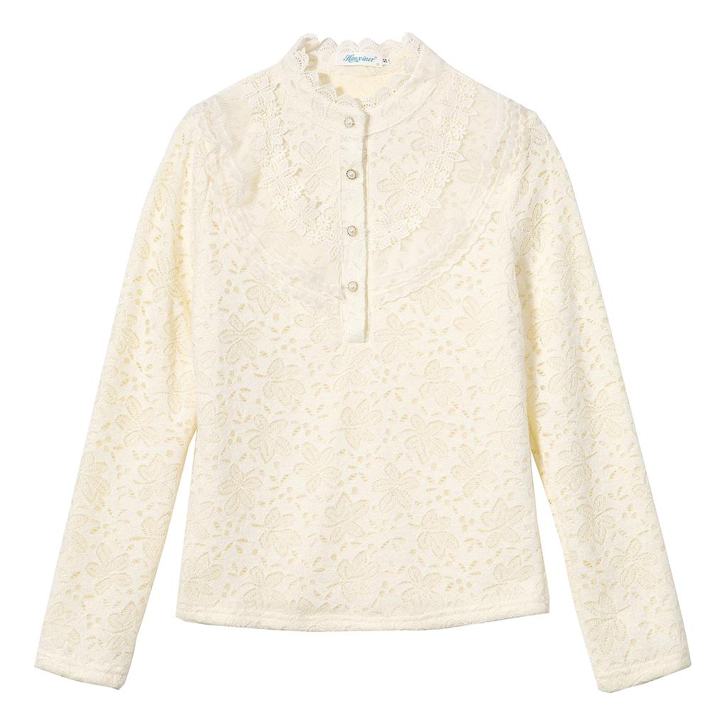 Модная новинка 2024 года, зимняя блузка с длинным рукавом и воротником-стойкой, с оборками, из абрикосового бархата, кружевная блузка, женская рубашка, топы, блузки, рубашки J812