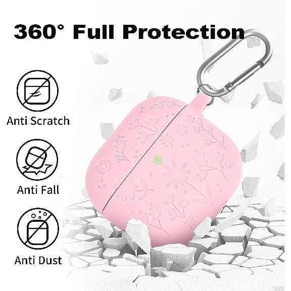 Linsaner for airpods 4 case for Women, Cute Flower Engraved Silicone Case Cover with Keychain, Full Protective Case for Women, Compatible with