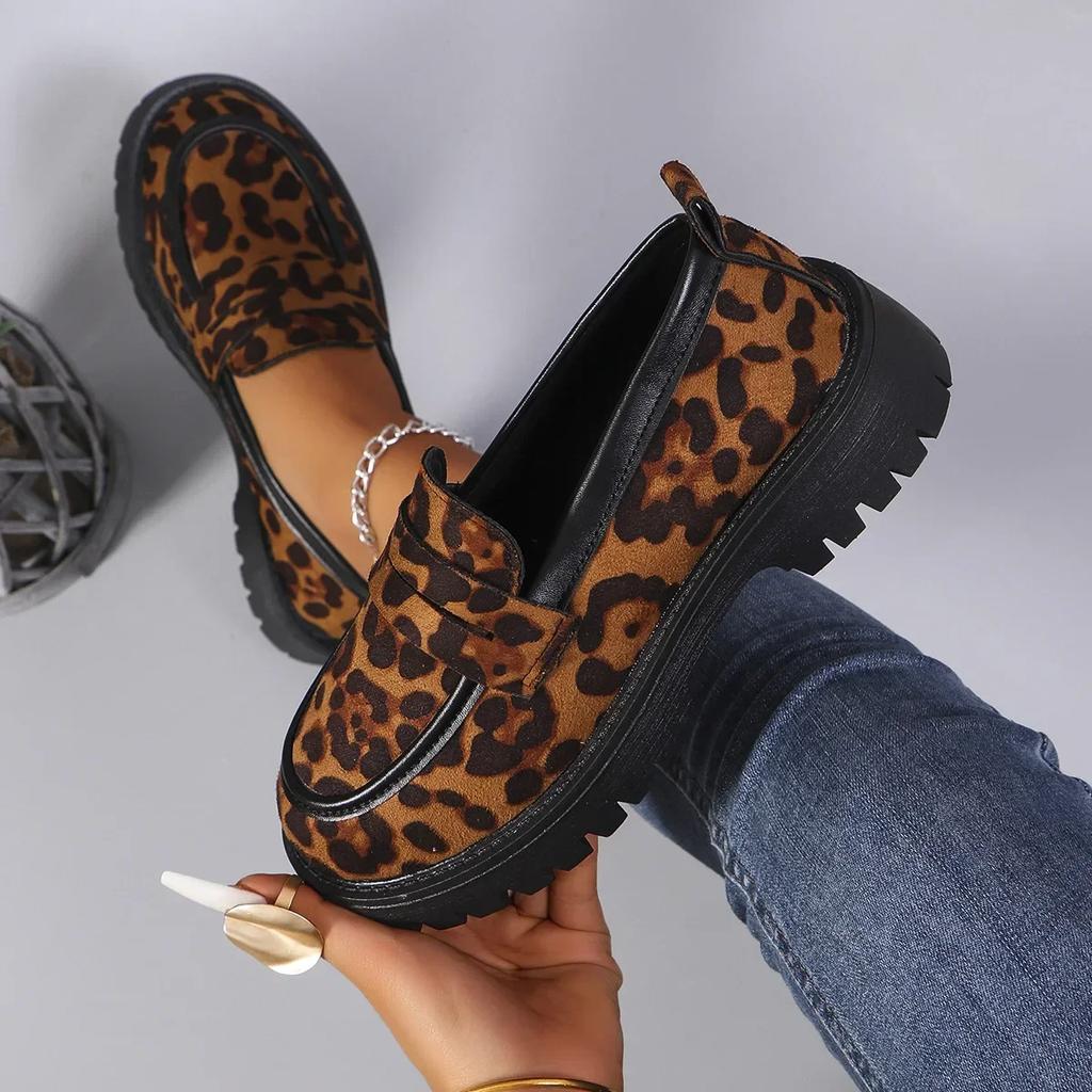 Women's Fashion Leopard Patchwork Slip-on Loafers Chunky Heel Platform Flats Moccasins Casual Shoes Plus Size Zapatos 2025