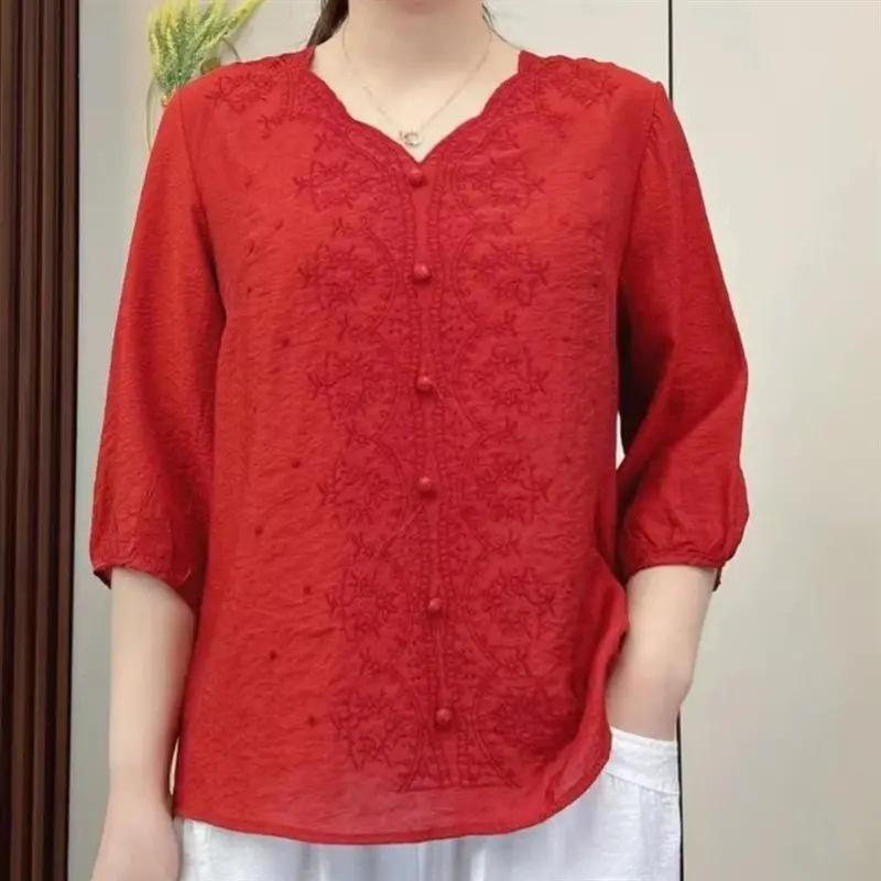 Women's Spring and Summer Literary Embroidery Cotton V-neck T-shirt Casual Loose Solid Color Medium-sleeved Blouse