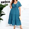 V-Neck High Waist Dress Long Short Sleeve Plus Size Dresses