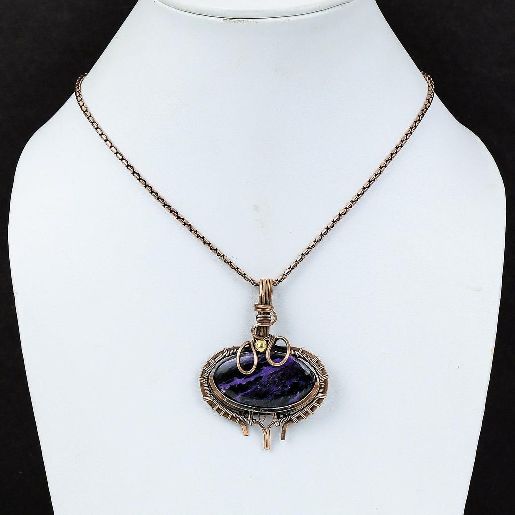 Purpurite Gemstone Pure Copper Wire Wrapped Handmade Pendant Jewelry