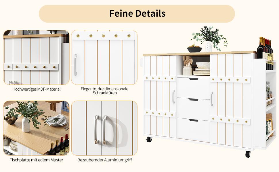 Serving trolley with wood grain, kitchen trolley with wheels, with spice rack and towel holder, island with sliding doors and drawers, white