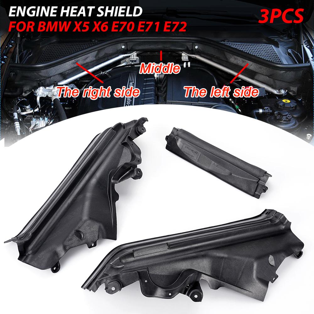 3Pcs Engine Upper Compartment Partition Panel Set For BMW X5 X6 E70 E71 E72 51717169419 51717169420 51717169421 Black Plastic