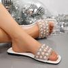 Brand Designer Pearl Bead Strap Slip On Sandals Women Flat Heels Slides Women 2025 Summer Luxury Rose Gold Glitter Beach Shoes