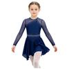 Long Sleeve Cutout Back Asymmetrical Hem Mesh Patchwork Dress with Rhinestones for Girls Figure Skating Competition Stage Show