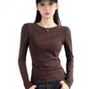 Женская кофейная футболка с круглым вырезом, облегающая, с длинным рукавом - Однотонная, плотно прилегающий базовый слой для весны и осени.