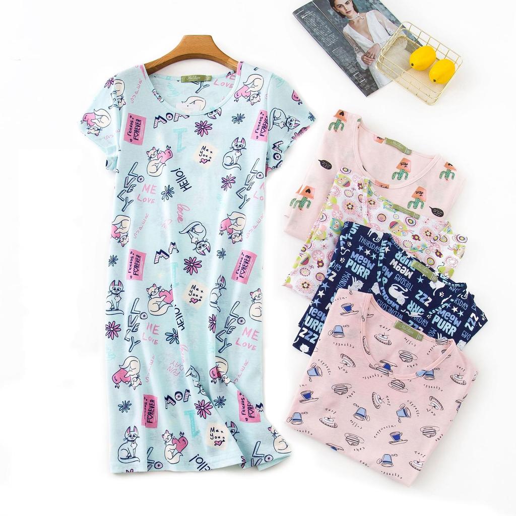 Plus Size Summer Women Nightdress Short Sleeve Cute Cartoon Sleepwear Sweet O Neck Nightgowns Pyjamas Lady's Cotton Sleepdress