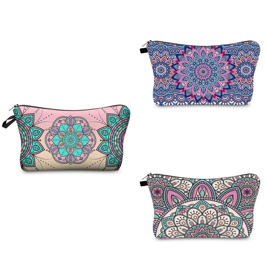 Trendy Vintage Mandala Flower Makeup Bag Handbag For Travel Polyester Lining Various Color Options