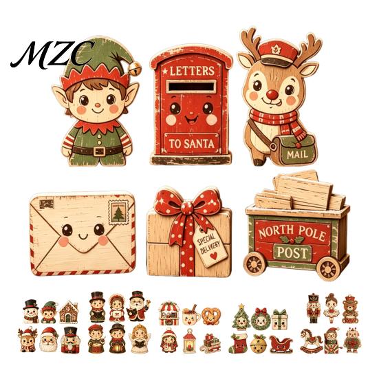 Vintage Style Holiday Ornaments 6Pcs Wooden Christmas Figurines, Desktop Ornaments, Retro Cartoon Farmhouse Signs Tabletop Decorations for Tiered Tray