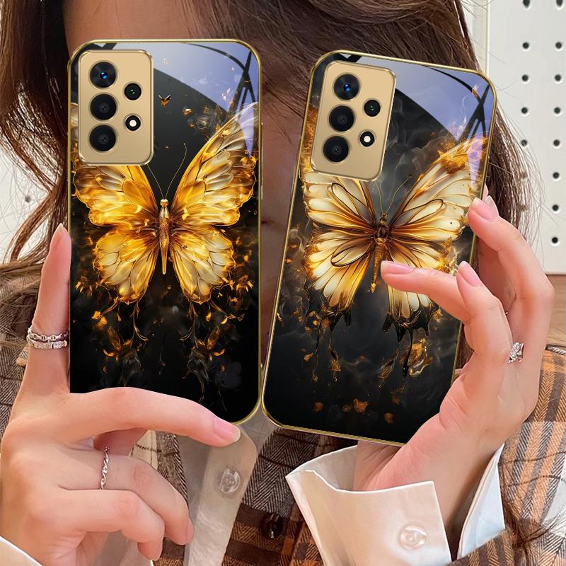 Теплая бабочка с пламенем для Samsung A 01 52S A04 A05S A10 A12 13 22 23 24 36 42 M02 Note 10 20Ultra 8 9 Золотой стеклянный чехол для телефона