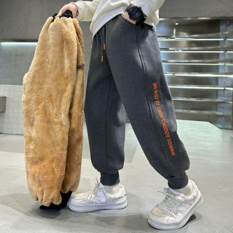 Толстые штаны из овечьей шерсти для мальчиков, зимние брюки из плюша и бархата для подростков, детские спортивные штаны из хлопка, теплая одежда для больших детей