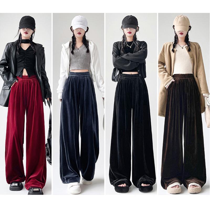 Женские брюки палаццо из золотого бархата на осень и зиму, свободные, с высокой посадкой, повседневные, драпирующиеся, прямые, длинные брюки-швабры