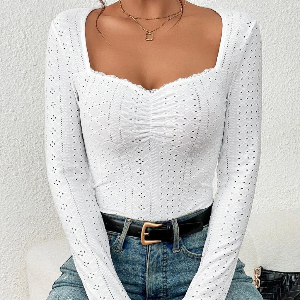 2023 European & American Sweetheart Collar Embroidered Eyelet Pleated Bust Lace T-Shirt for Women