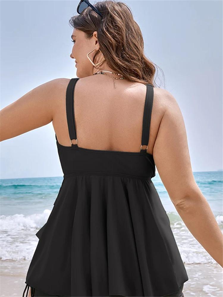 2024 Plus Size Two Piece Tankini Set Woman Swimsuit Knotted Front Ruffle Swim Dress Abdomen Control Chubby Swimwear 2 Pieces