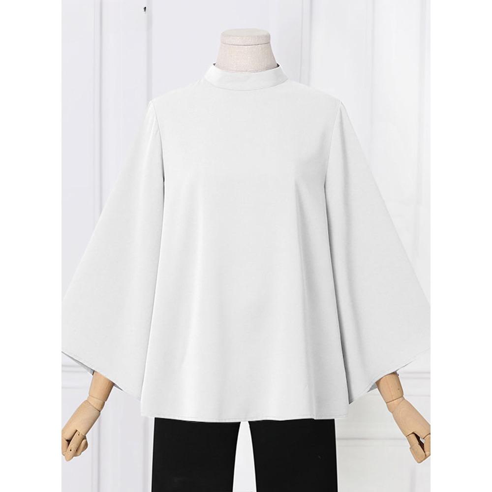 Модная женская блузка 2024 года, осенняя туника, топы, повседневные, воротник-стойка, расклешенные рукава 3/4, офисные элегантные рубашки, свободные блузы