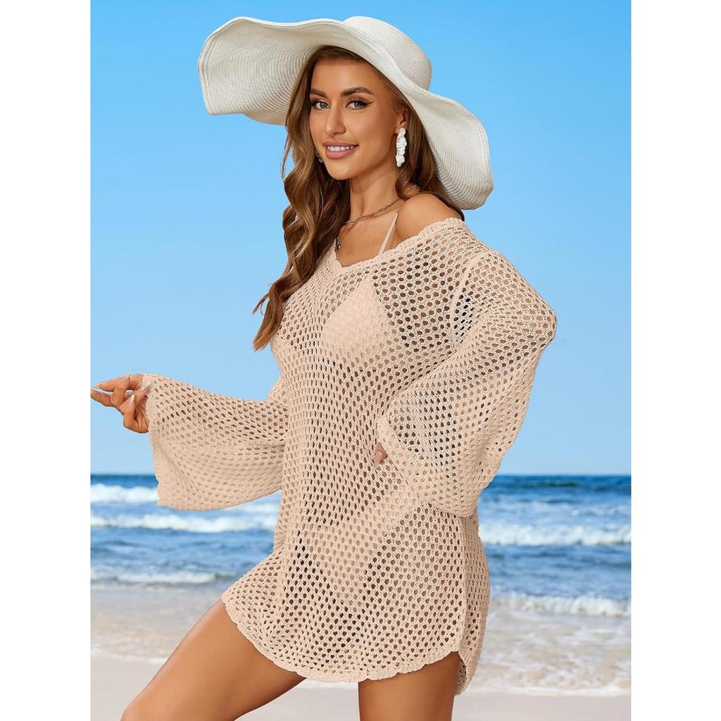 CHARMLEAKS Женский вязанный крючком купальник, накидка с рукавами-колокольчиками, пляжные накидки с открытой спиной, накидка на купальный костюм с зубчатым краем, бикини, купальник
