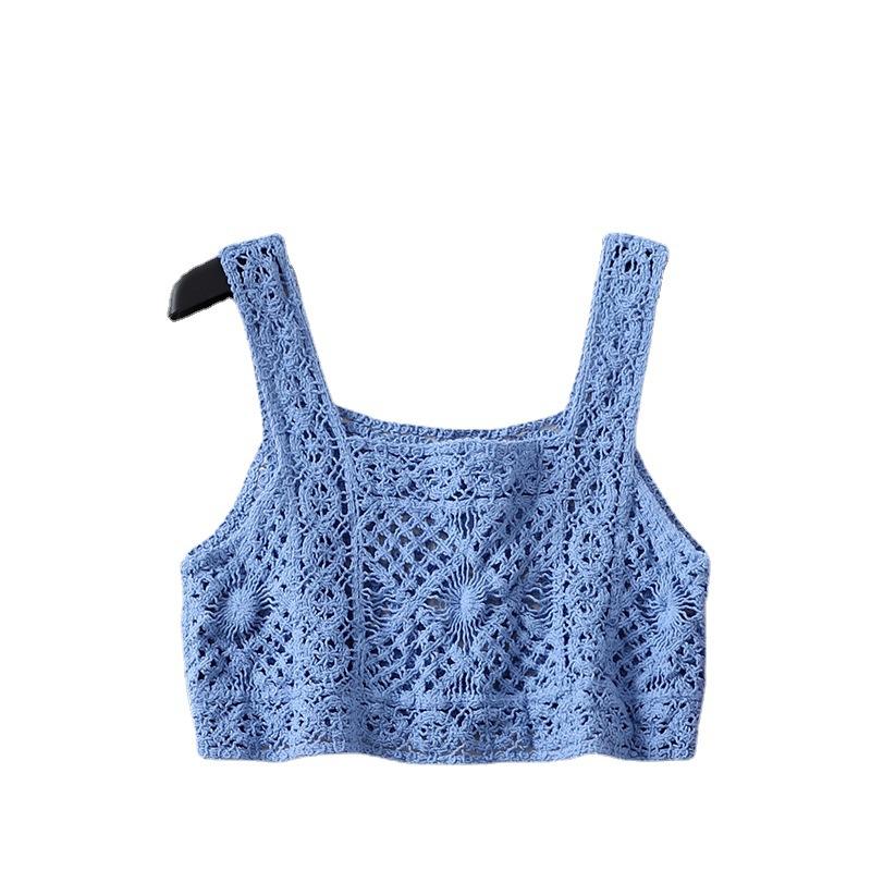 Богемный вязаный ажурный жилет, женский летний прямой накидка, свободный кружевной жилет без рукавов с U-образным вырезом