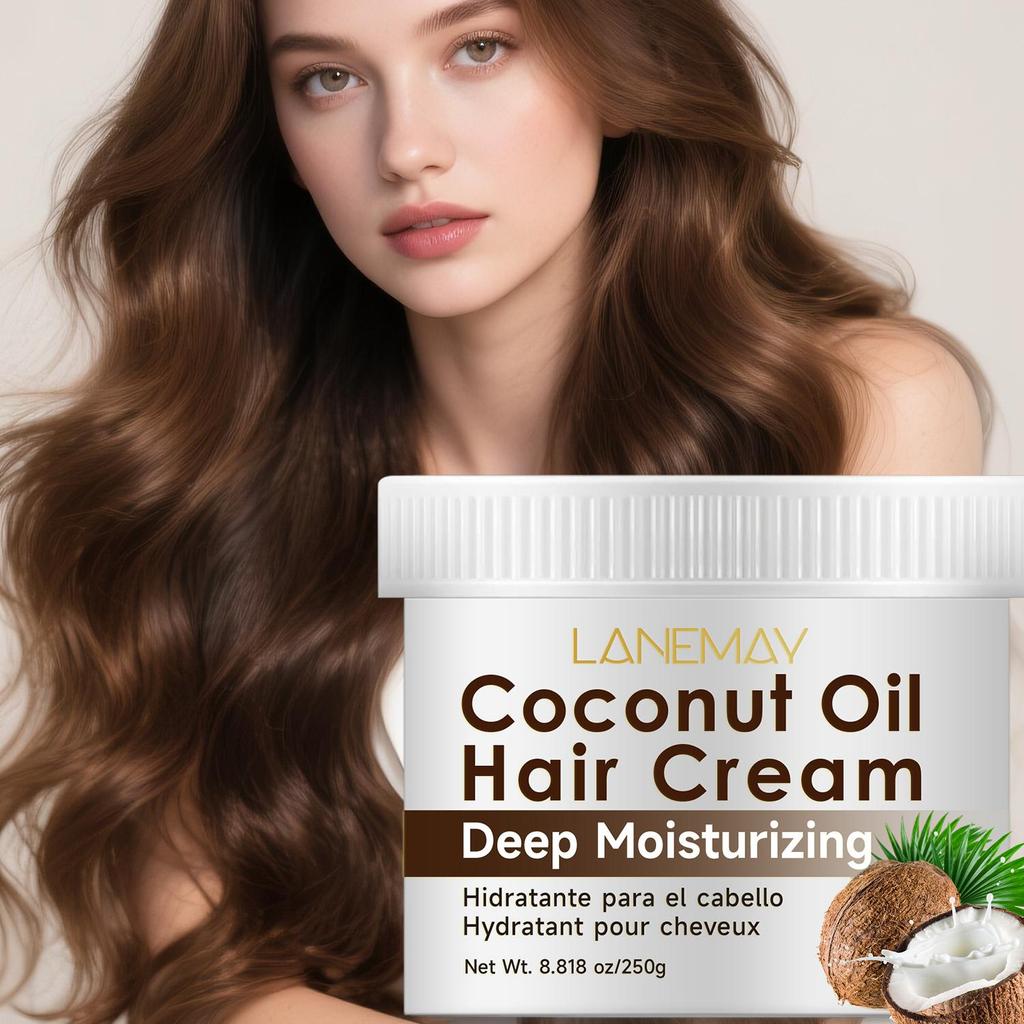 Coconut Oil Hair Cream-Providing Moisture for Softness, Shine, Reduced Frizz, and Healthy hair-For All Hair Types, Women and Men, 250ml