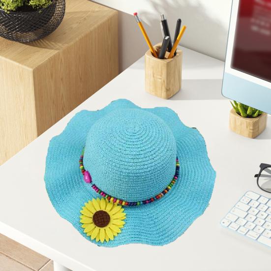Шляпа от солнца для мальчиков и девочек, солнцезащитный дизайн, дышащая пляжная шляпа, волнистые поля, желтые цветы, бусины, плетеная соломенная шляпа