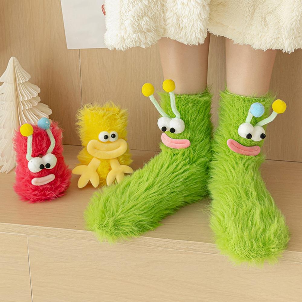 2Pairs Cartoon Funny Tube Socks Big Eyes Furry Plush Sock Soft Coral Fleece Socks Gifts